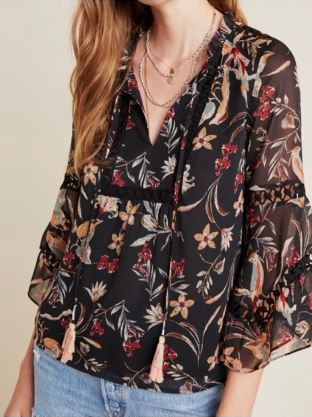 Maeve Black Floral Peasant Blouse with Tassel Detail